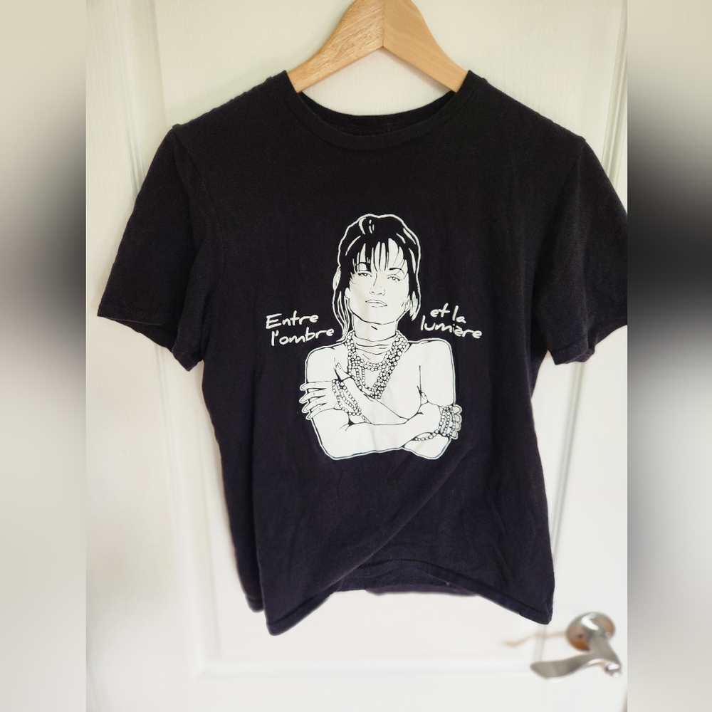 Black Graphic Tee with 80s Singer Artistic Design